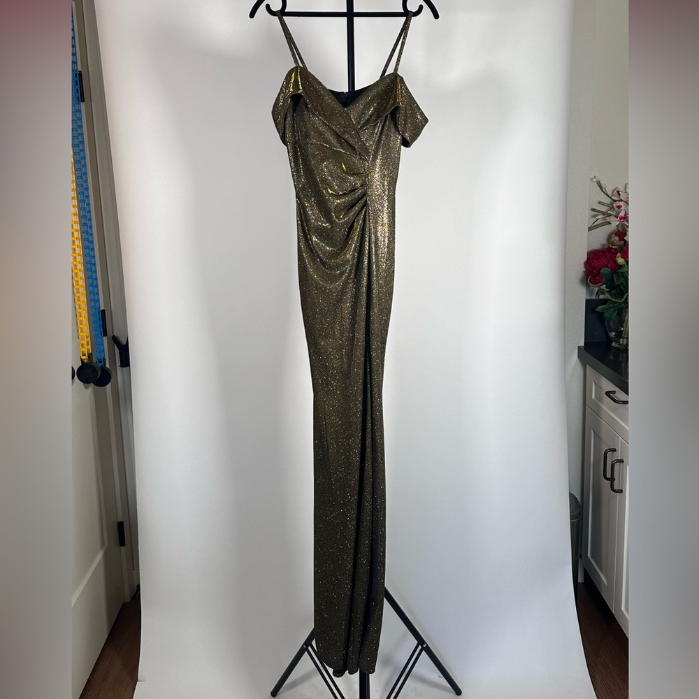 Gold/black sparkle off the shoulder gown
